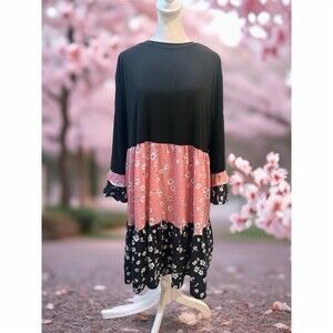 Handmade Tiered Swing Dress Womens 2XL Black Pink Floral Long Sleeve